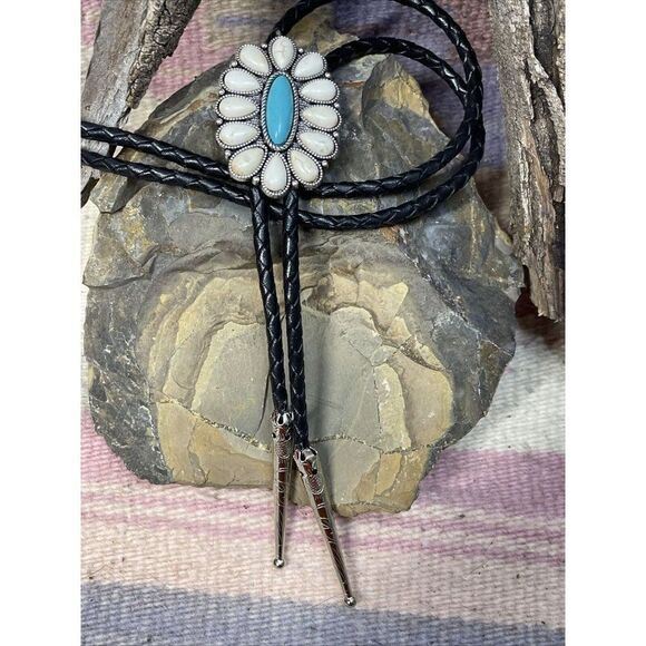 Western Cluster Turquoise  White Silver Black Bolo Tie Southwest Mens womens - Picture 12 of 13